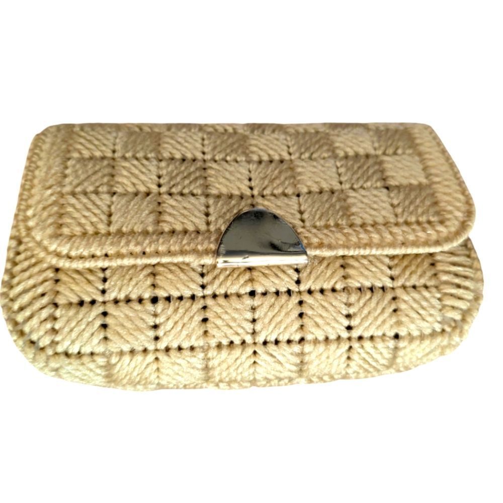 Vintage tan plastic craft knitted small bag purse clutch